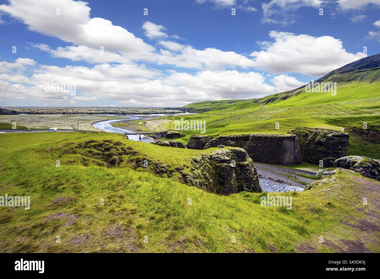 Toundra islandaise verte en juillet. Canyon magique Fyadrarglyufur. Rivière rapide avec l'eau glaciaire coule parmi les falaises. Le concept de tourisme nordique actif Banque D'Images