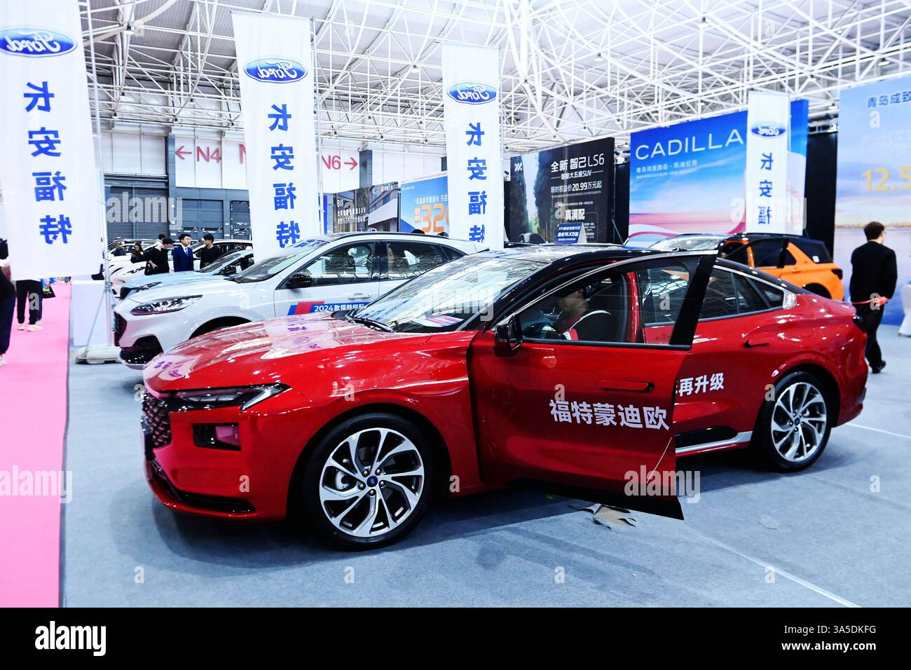 Les visiteurs regardent les véhicules exposés à Qingdao, dans la province du Shandong, en Chine, le 22 mars 2025. Banque D'Images