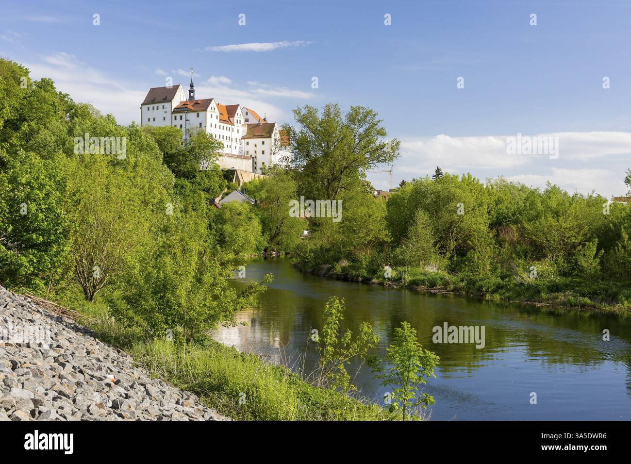 Château et Zwickauer Mulde, Colditz, Saxe, Allemagne, Europe Banque D'Images