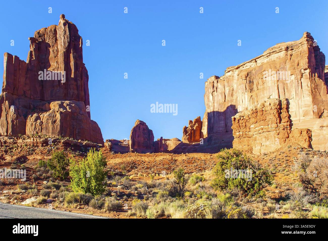 Les pittoresques falaises de grès rouge-brun forment un paysage unique. Compositions rocheuses uniques d'origine naturelle. Beauté grandiose d'Arches Park aux Etats-Unis Banque D'Images