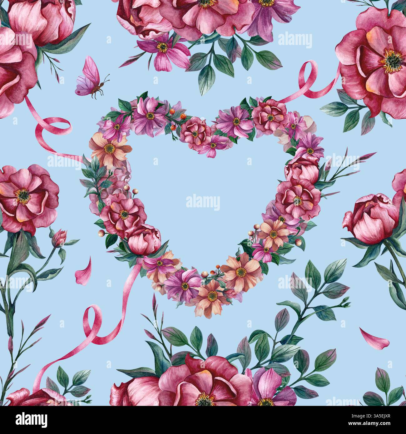 Motif floral sans couture avec coeur de fleurs. Illustration aquarelle sur fond bleu doux. Ornement dessiné à la main avec la forme d'un coeur pour l'emballage Banque D'Images