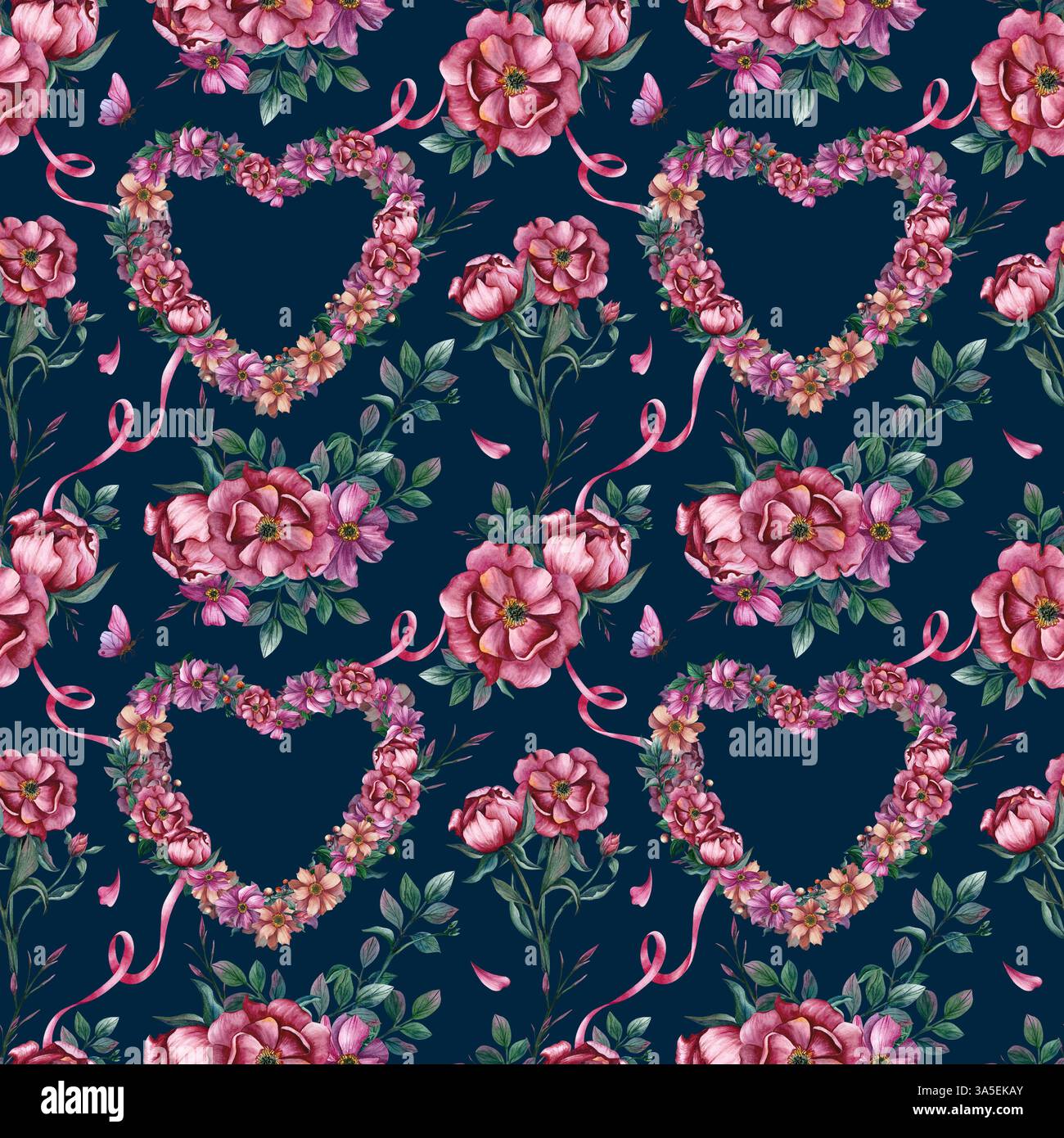 Motif floral sans couture avec coeur de fleurs. Illustration aquarelle sur fond bleu foncé. Ornement dessiné à la main pour papier d'emballage, emballage Banque D'Images