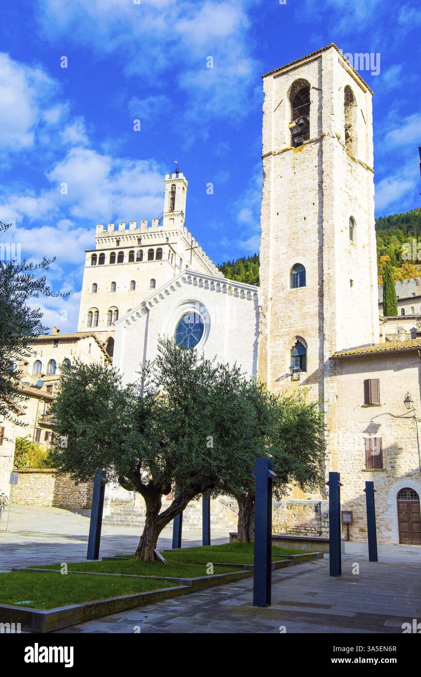 Église de St. Jean le Baptiste - la première cathédrale de la ville, la façade est faite dans le style gothique. La ville de Gubbio dans les montagnes de l'Ombrie Banque D'Images Église de St. Jean le Baptiste - la première cathédrale de la ville, la façade est faite dans le style gothique. La ville de Gubbio dans les montagnes de l'Ombrie Banque D'Images