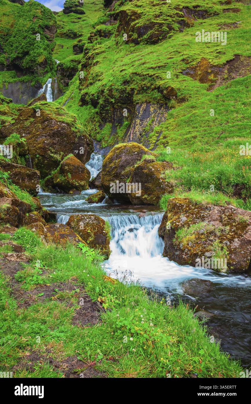 Magnifique cascade d'un glacier en fonte. Montagnes de basalte couvertes d'herbe verte et de mousse. Islande Banque D'Images