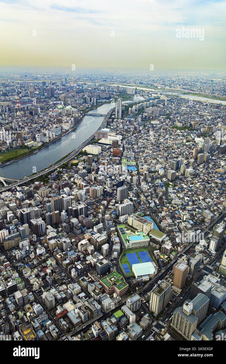 La vue depuis la terrasse d'observation de la tour. Le smog a fermé la belle Tokyo. La plus longue rivière de Tokyo est Sumida-gawa Banque D'Images