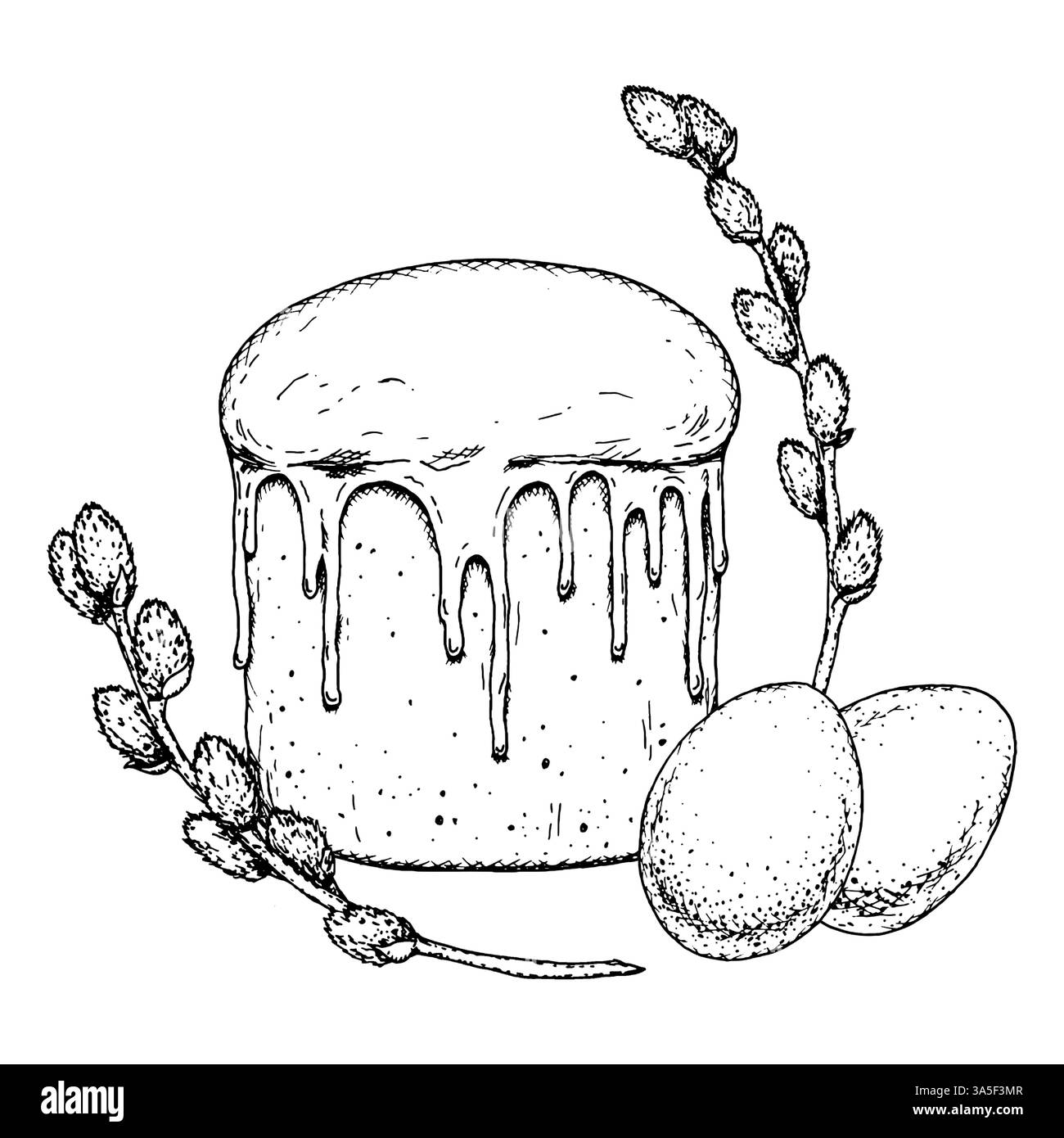 Illustration à l'encre dessinée à la main d'un gâteau de Pâques traditionnel avec glaçage, œufs et branches de saule. Idéal pour cartes de vœux, emballage, décoration de vacances Illustration de Vecteur