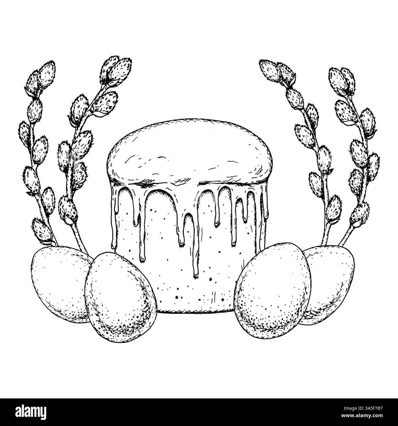 Illustration noire et blanche dessinée à la main d'un gâteau de Pâques traditionnel avec glaçage, branches de saule et œufs. Convient pour cartes postales, emballages, culinaires Illustration de Vecteur