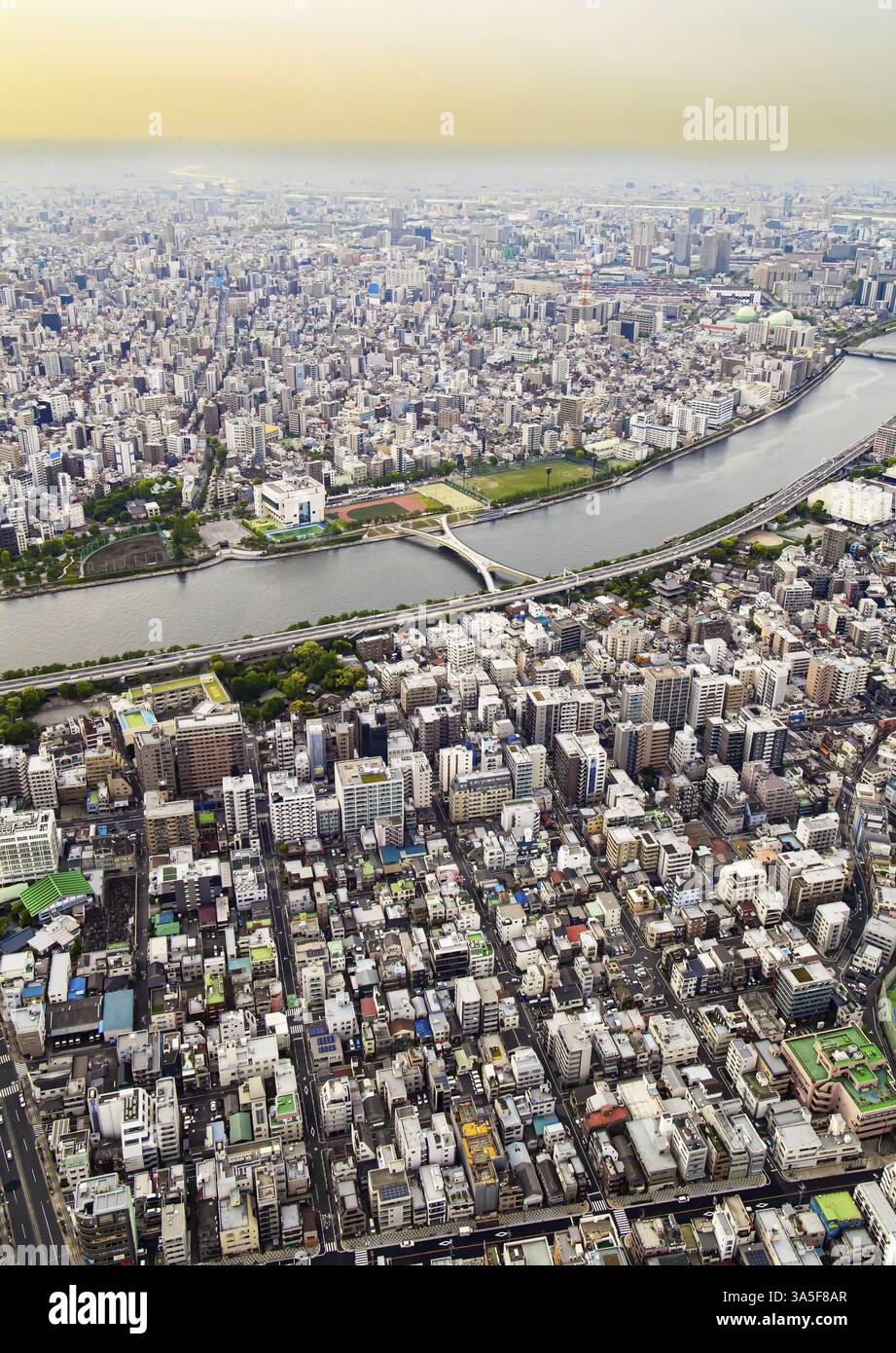 La plus longue rivière de Tokyo est Sumida-gawa. La vue depuis la terrasse d'observation de la tour. Le smog a fermé la belle Tokyo Banque D'Images