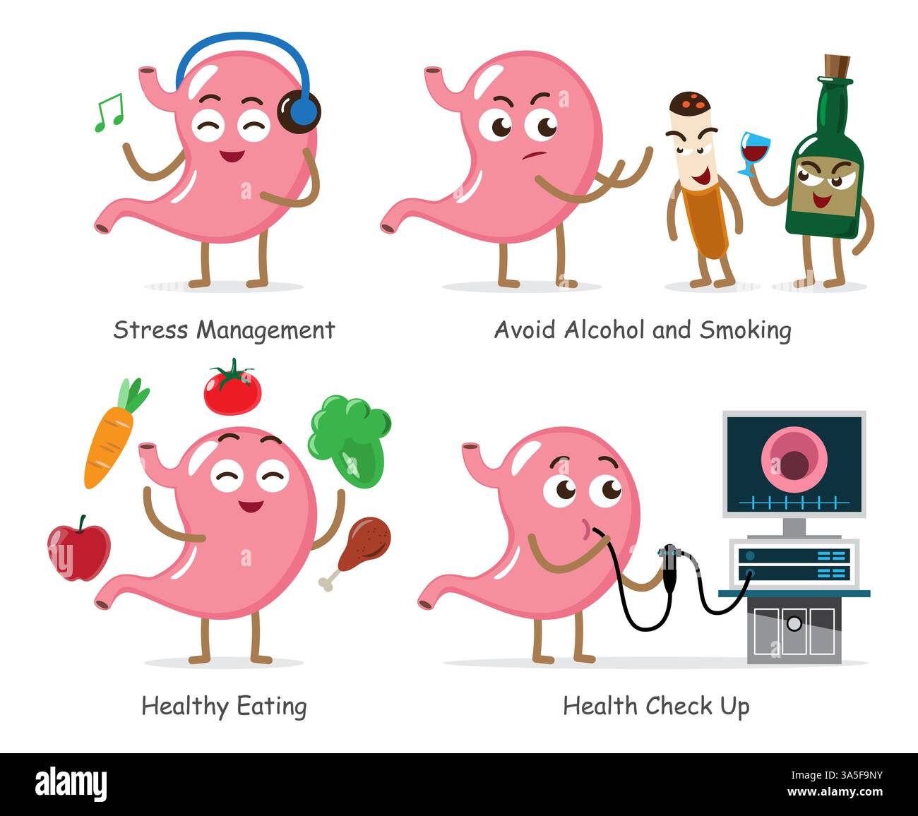 Personnages de dessins animés intestin sains. Consiste en la gestion du stress, éviter l'alcool et le tabagisme, une alimentation saine, un bilan annuel par œsophagogastroduod Illustration de Vecteur