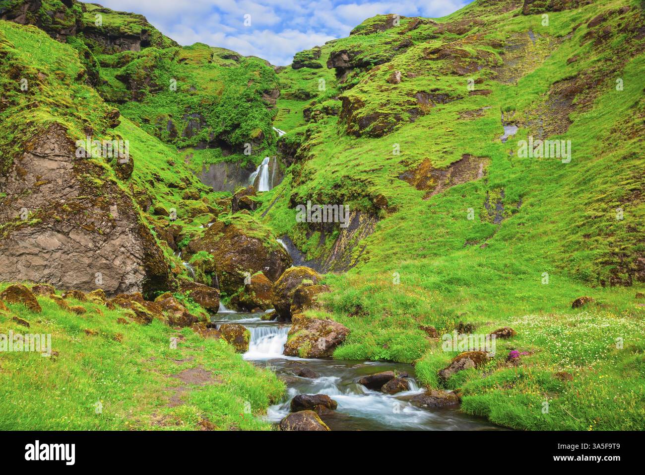 Montagnes de basalte couvertes d'herbe verte et de mousse. Magnifique cascade de glacier en fonte. Islande Banque D'Images