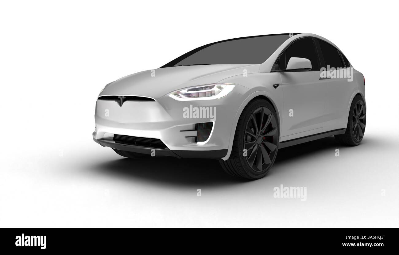 Izmir, Turquie - 19 mars 2025 : fond blanc, moitié avant gauche de Tesla Model X blanc présentant son esthétique distinctive de véhicule électrique et Banque D'Images