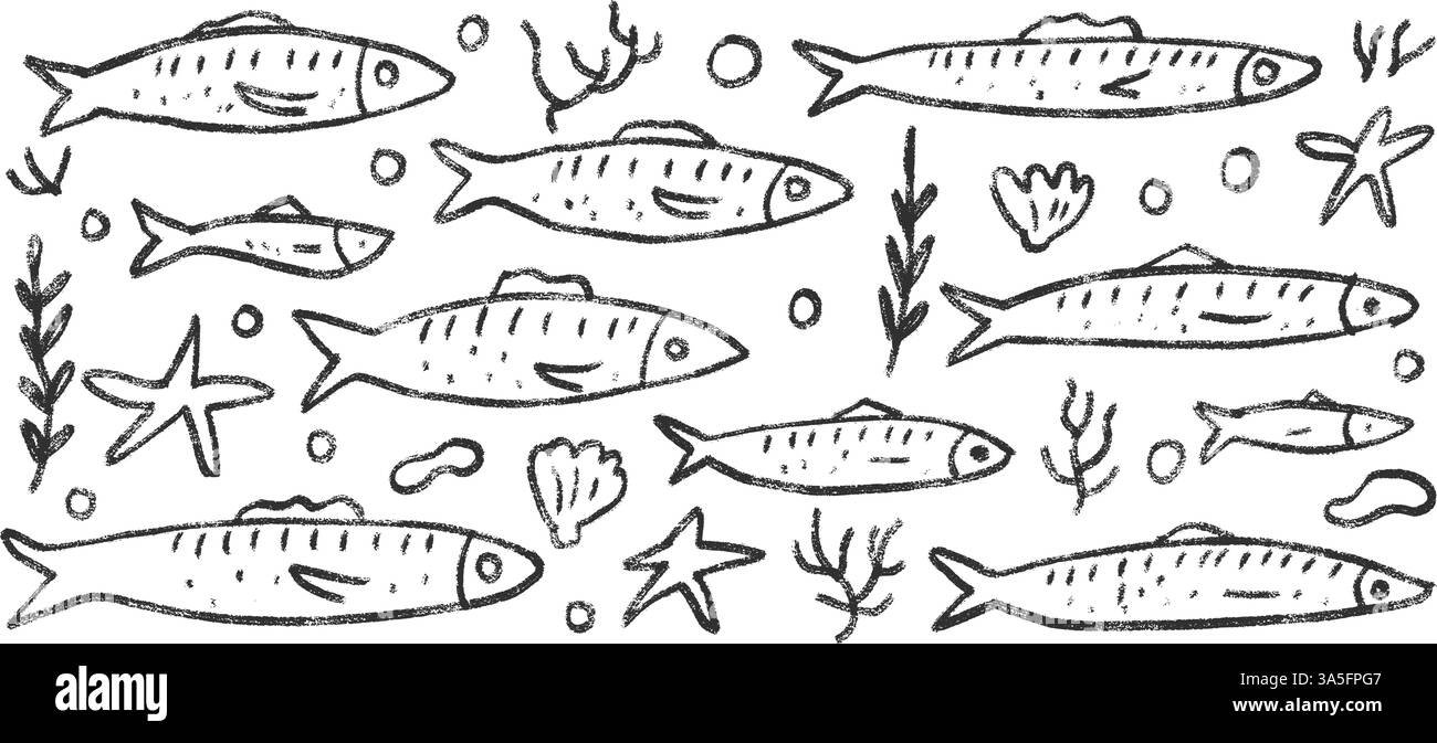 Jeu de doodle de poissons. Sardines dessinées à la main griffonnage École de poissons dans la mer. Illustration nautique monochrome vectorielle par crayon isolé sur fond blanc Illustration de Vecteur