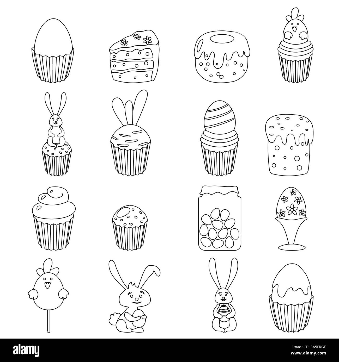 Jeu d'icônes de Pâques. Décrivez les pictogrammes des aliments sucrés de boulangerie Illustration de Vecteur