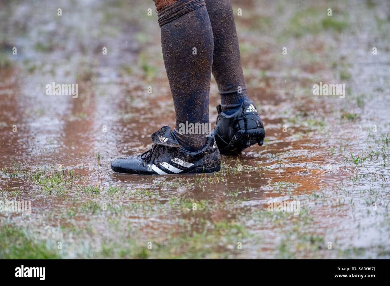 Jeu amateur de rugby pour homme joué par temps humide et boueux. Banque D'Images