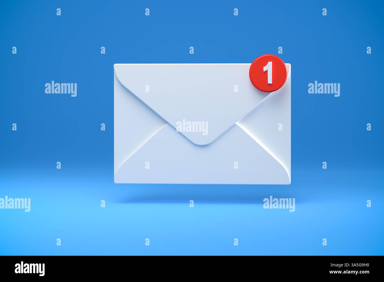 Concept d'e-mail : une enveloppe survolant un fond bleu avec un point rouge dans le coin supérieur droit avec le numéro '1' des messages non lus Banque D'Images