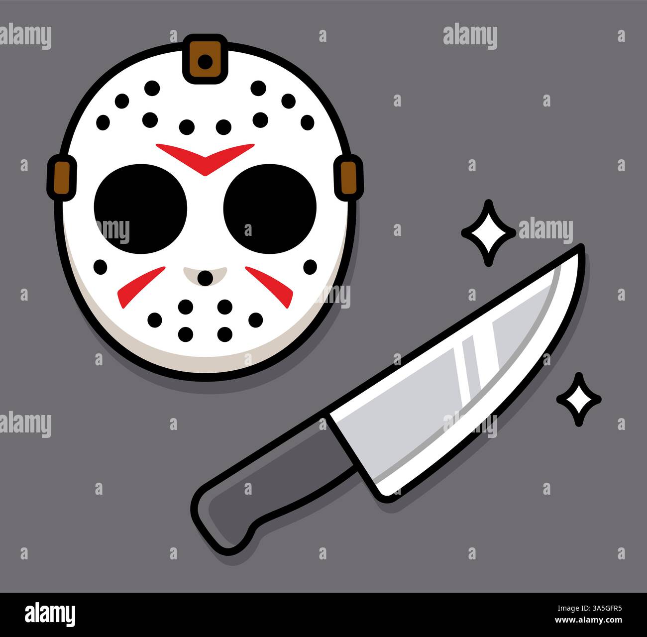 Masque de hockey tueur en série avec un couteau, Halloween ou vendredi 13 dessin d'horreur. Illustration vectorielle de dessin animé. Illustration de Vecteur