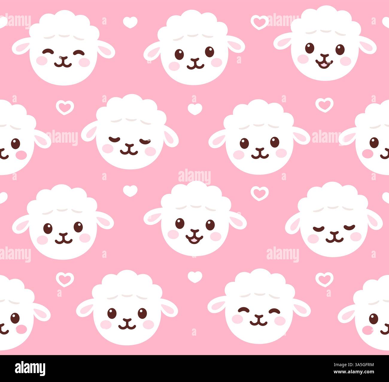 Motif de visage d'agneau de dessin animé mignon. Kawaii bébé mouton sur fond rose avec le coeur doodles. Illustration vectorielle simple. Illustration de Vecteur