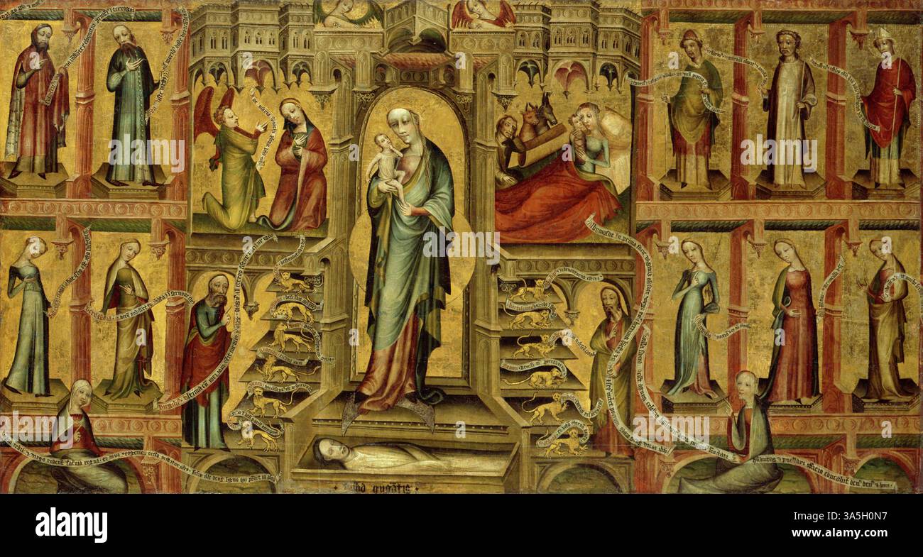 Anonyme - Maria als Thron Salomonis - la Vierge comme trône de la sagesse . Gemäldegalerie, créé : 1380 - Marie trône de Salomon. - Au milieu se trouve la Vierge, qui est représentée ici comme une femme apocalyptique, qui se réfère à la pureté de la mère de Dieu et aux dernières choses - la mort, le jugement dernier et la résurrection : selon la révélation de Jean, le soleil brille autour de son corps Banque D'Images