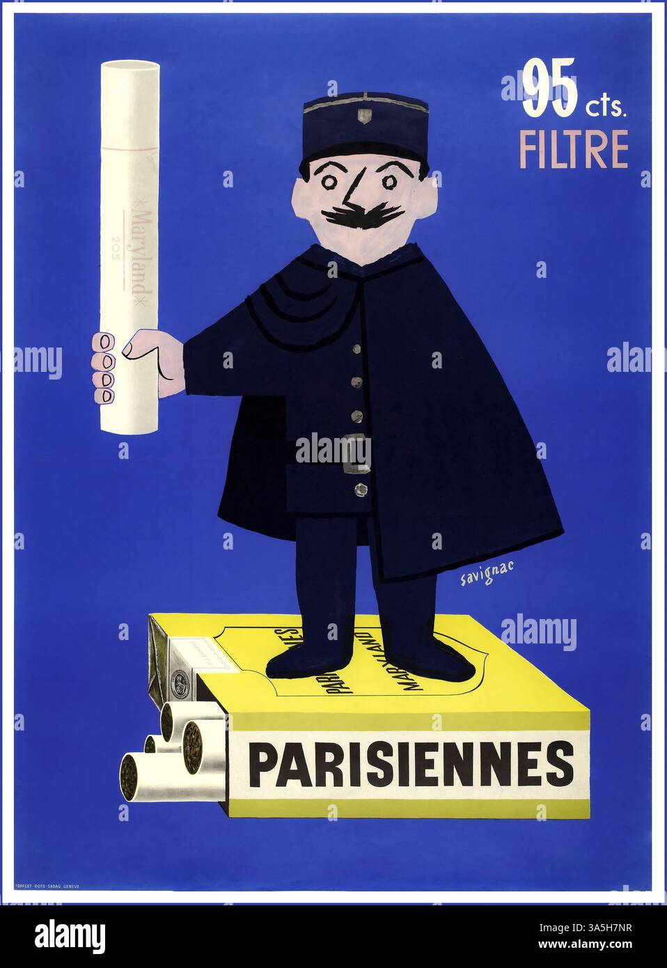 Cigarettes Parisiennes Maryland Raymond SAVIGNAC 1951 95 cts filtre Parisiennes : [affiche] auteur : Savignac, Raymond (1907-2002) Editeur : [éditeur inconnu] date de publication : 1951Subject : cigarettes sujet : policiers -- dans la publicité sujet : publicité Poster de Raymond Savignac, imprimé en lithographie en 1951 Banque D'Images