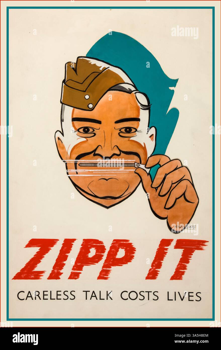 ZIPP IT (conversation négligente) WW2 Propaganda conversation imprudente affiche d'information 'Zipp It. Le discours insouciant coûte des vies » Royaume-Uni britannique « Zipp It. La discussion imprudente coûte des vies date entre 1939 et 1946 Banque D'Images