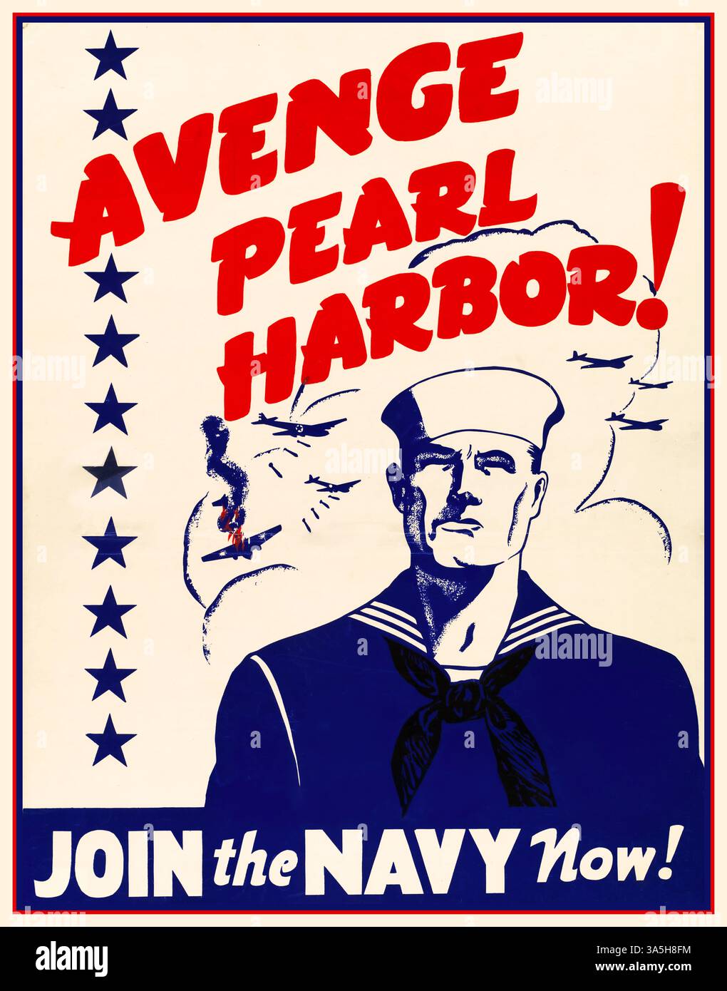 WW2 Propaganda USA 'Avenge Pearl Harbor ! Rejoignez la Marine dès maintenant !' 1942 Un marin se tient debout avec des bombardiers américains en arrière-plan. Un avion japonais tombe du ciel. Seconde Guerre mondiale Banque D'Images