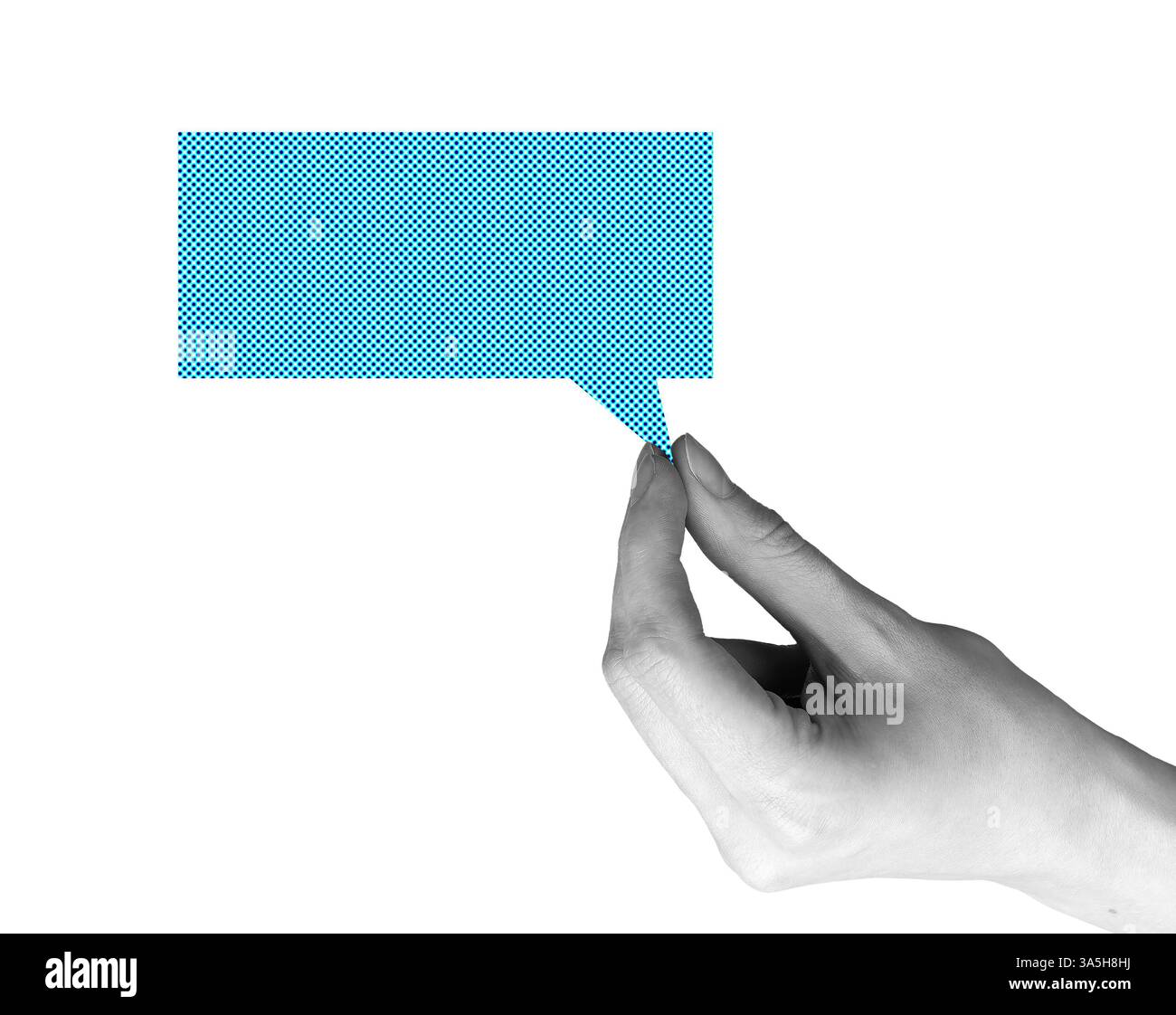 Main tenant une bulle de parole symbolisant la communication, le dialogue et la rétroaction. Espace de message vide pour le texte, l'opinion et le concept de discussion. Isolé sur Banque D'Images
