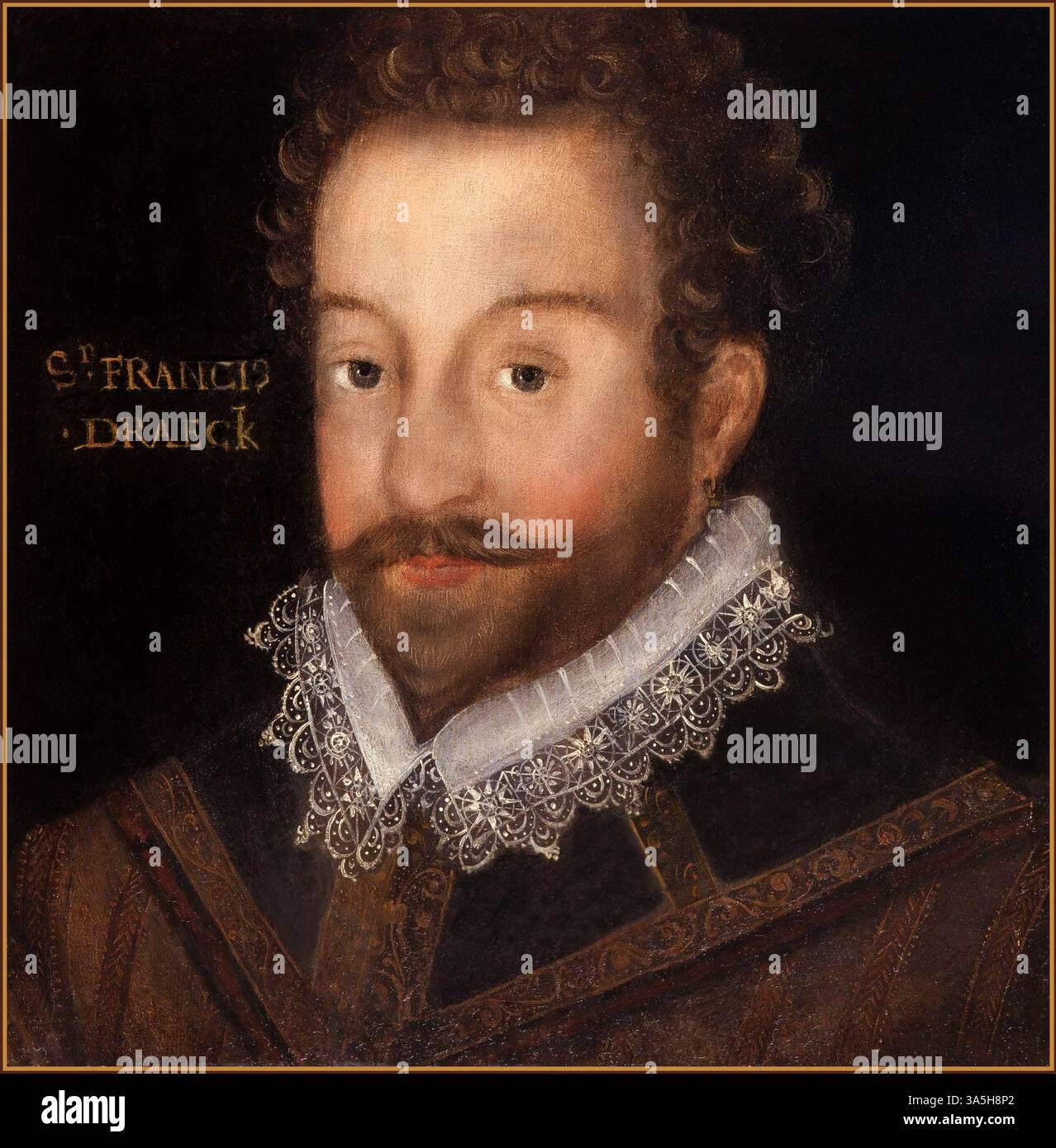FRANCIS DRAKE PORTRAITISTE Jodocus Hondius (1563-1612) Sir Francis Drake (d'après une gravure de vers 1583) Portrait en peinture : Sir Francis Drake, de Jodocus Hondius (mort en 1612). Banque D'Images
