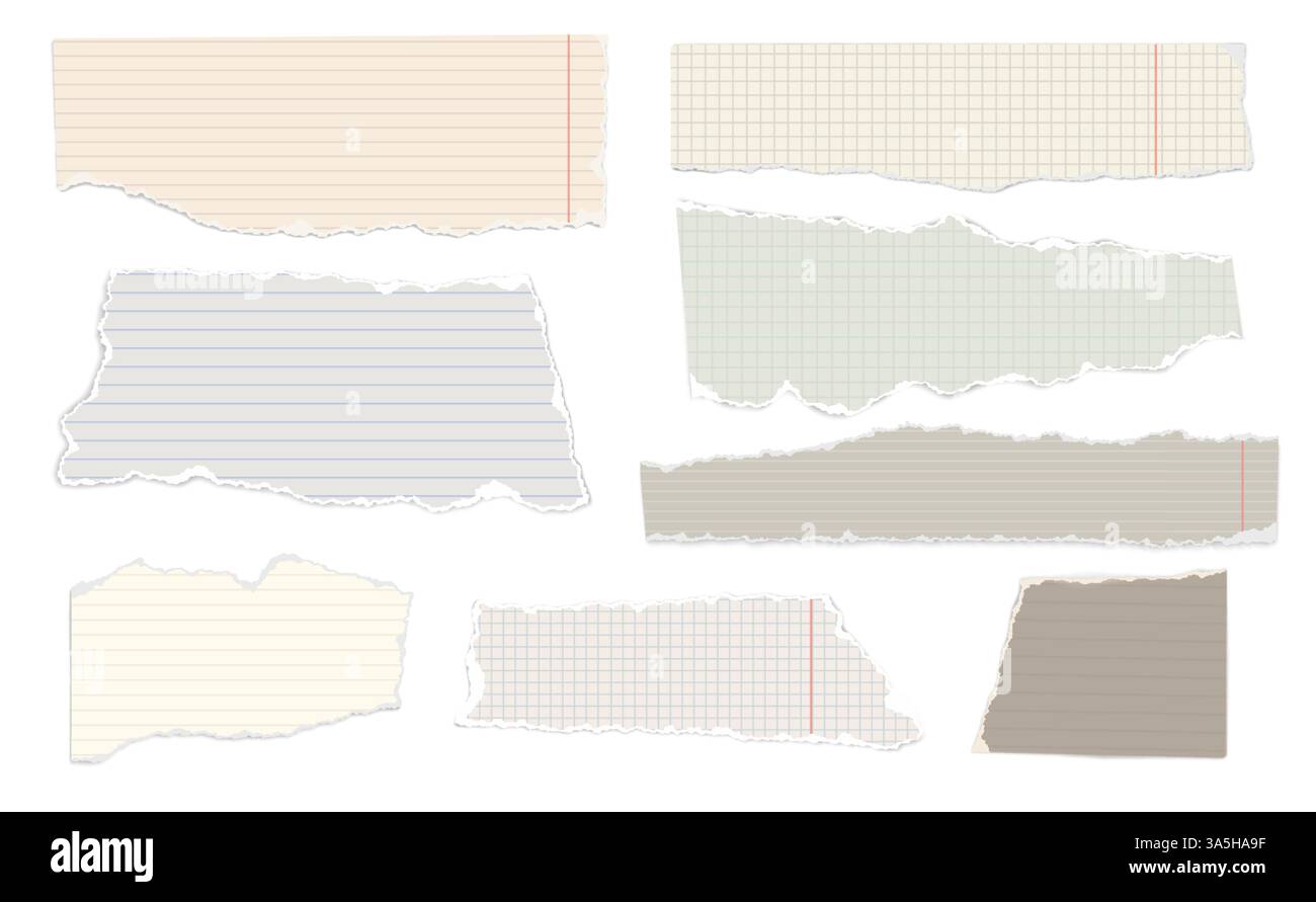 Papier de note déchiré. Morceaux de papier carnets lignés et carrés. Des pièces réalistes avec des bords déchirés pour des notes et collage de scrapbook. Modèles de mémos tordus. Ensemble isolé de vecteur. Illustration de Vecteur