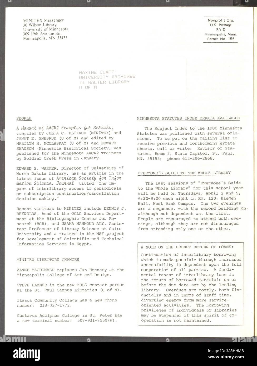 L'édition de mars 1981 de Minitex Messenger couvre des sujets tels que le partage des ressources bibliographiques et physiques, les réunions régionales d'OCLC, le recensement de 1980 et les développements dans le système Minitex, y compris les ateliers sur les bases de données, l'accès aux bibliothèques et les mises à jour sur l'accès aux microformes. Banque D'Images