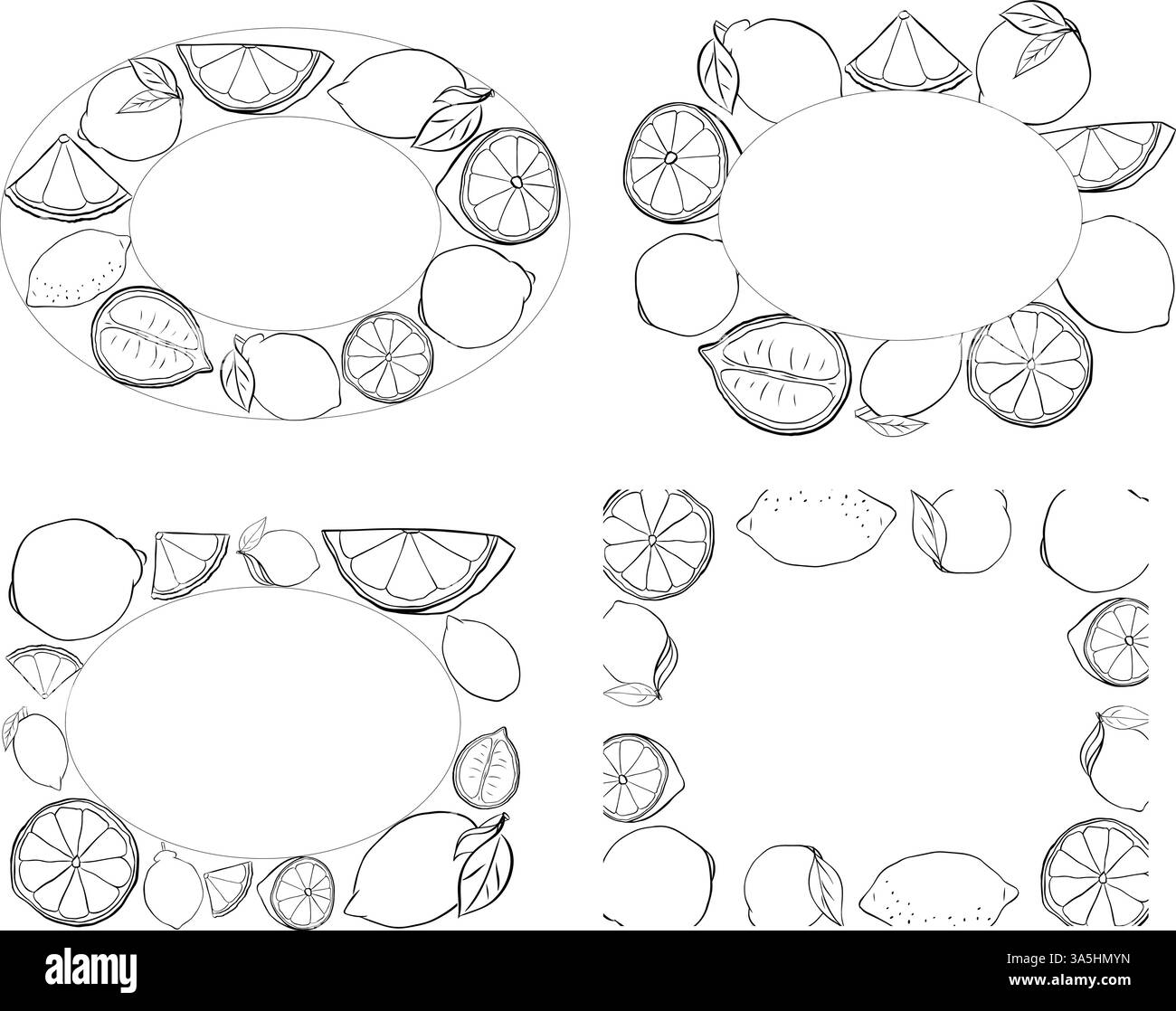 Cadre ovale avec citron entier et tranches et feuilles. Ligne graphique encre noir et blanc style, cadres floraux, invitation, fête, panneaux routiers de mariage. V Illustration de Vecteur