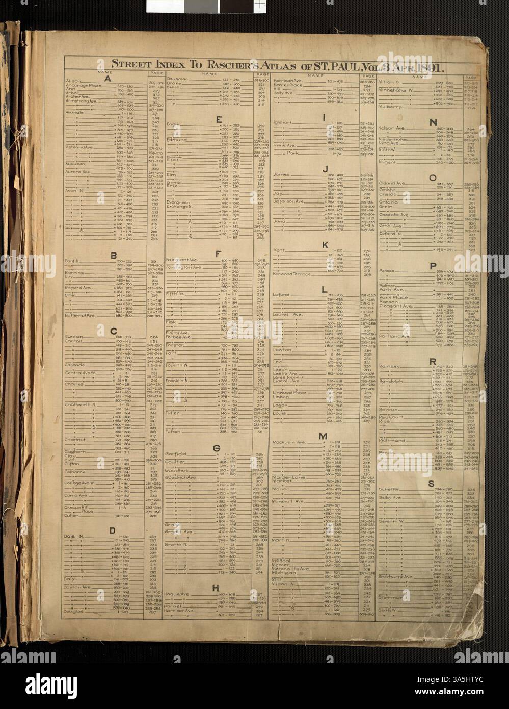 Ce volume de l'Atlas des composés Paul de 1891 détaille des cartes plates pour la partie sud-ouest de la ville, couvrant les zones le long de Otto Avenue, Lexington Avenue et le fleuve Mississippi. Il comprend des descriptions des limites et des révisions des cartes, mettant en évidence la croissance de la ville à l’époque. L'atlas comprend 60 cartes avec des mises à jour manuscrites montrant les changements apportés à l'environnement bâti. Banque D'Images Ce volume de l'Atlas des composés Paul de 1891 détaille des cartes plates pour la partie sud-ouest de la ville, couvrant les zones le long de Otto Avenue, Lexington Avenue et le fleuve Mississippi. Il comprend des descriptions des limites et des révisions des cartes, mettant en évidence la croissance de la ville à l’époque. L'atlas comprend 60 cartes avec des mises à jour manuscrites montrant les changements apportés à l'environnement bâti. Banque D'Images