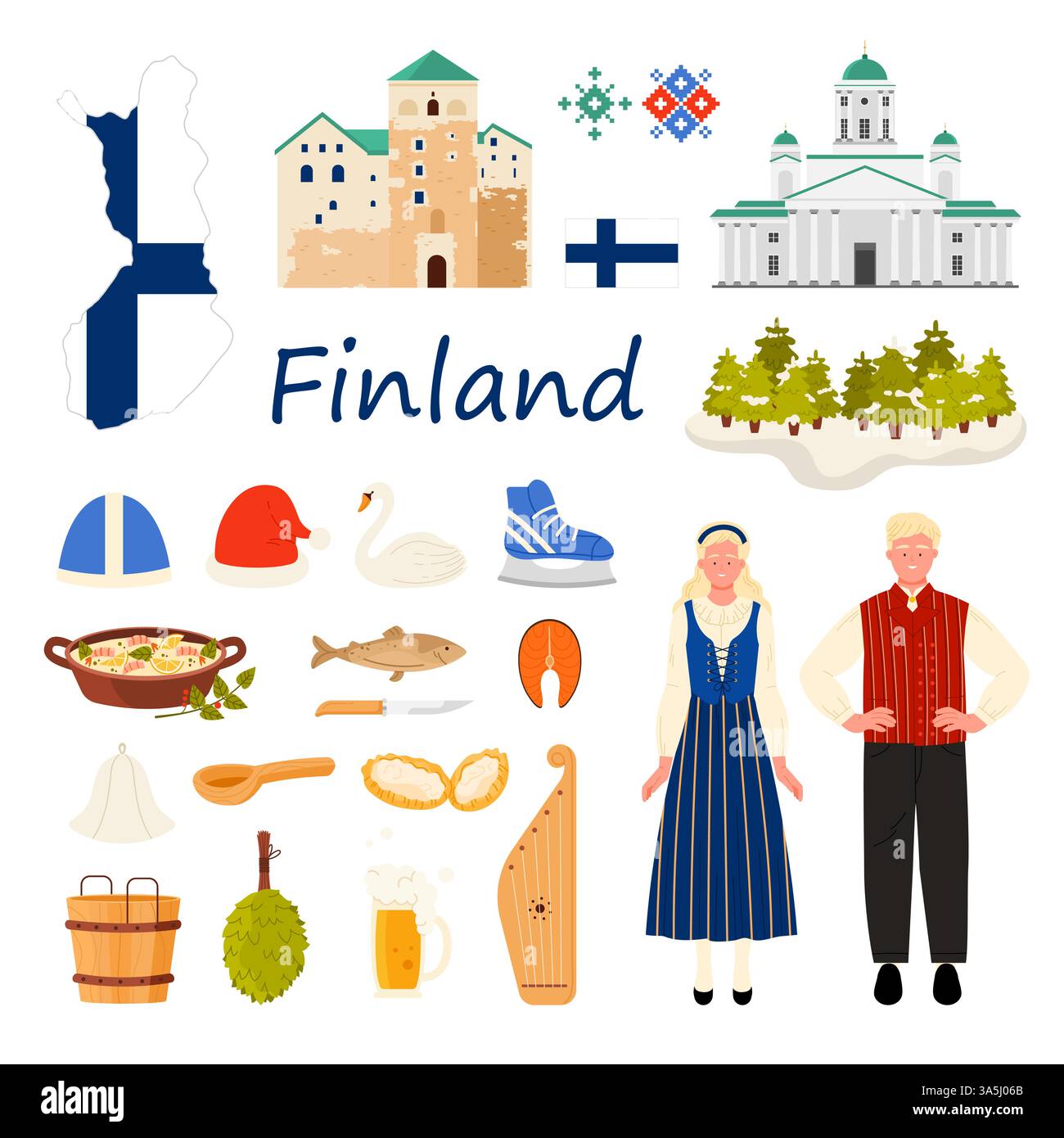 Voyage en Finlande Set. Les gens en robe traditionnelle et carte avec motif de drapeau de pays, Théâtre national finlandais et Cathédrale d'Helsinki, chapeau d'hiver et patins, illustration vectorielle de dessin animé kantele Illustration de Vecteur