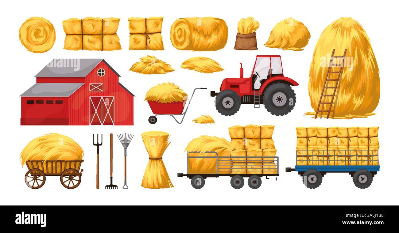 Balle de foin. Ferme de paille, tracteur et botte de foin, chariot avec herbe sèche, éléments de campagne. Pile carrée de fourrage pour l'agriculture. Pile de blé doré, alimentation du bétail. Illustration de style plat de dessin animé vectoriel Illustration de Vecteur