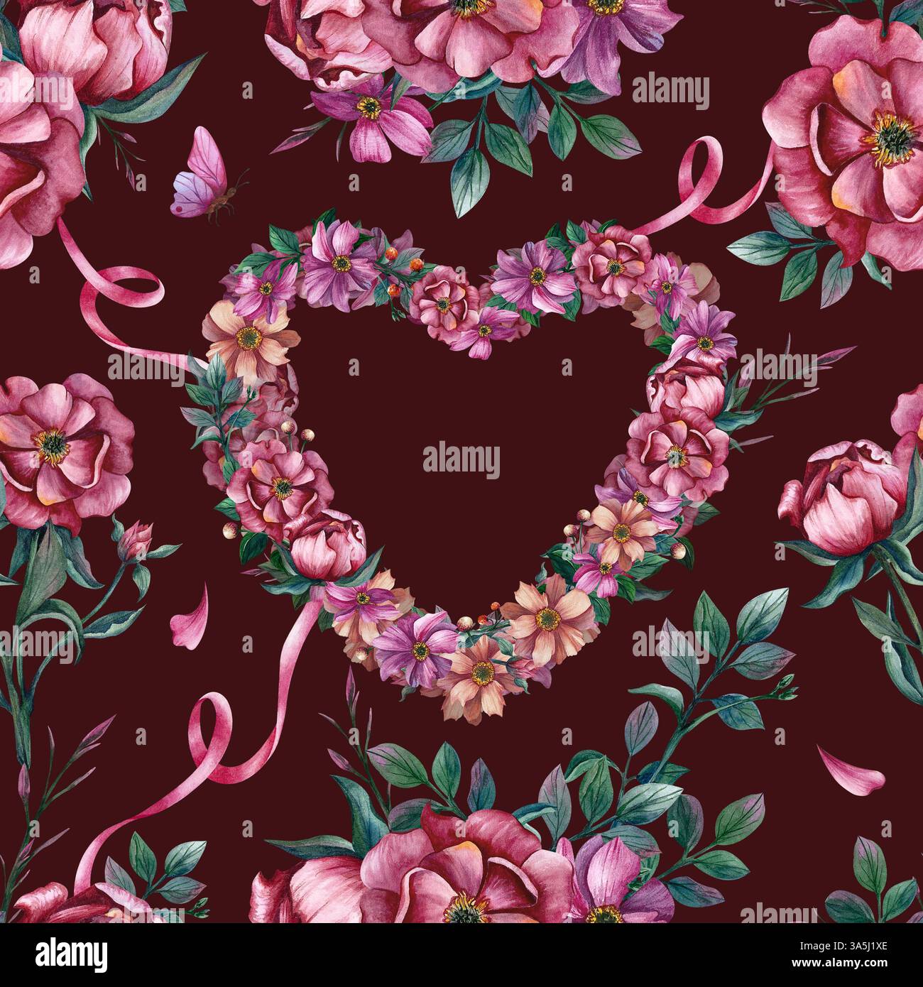 Modèle sans couture avec couronne de fleurs en forme de coeur. Illustration d'aquarelle sur fond Bordeaux. Ornement dessiné à la main pour papier d'emballage Banque D'Images