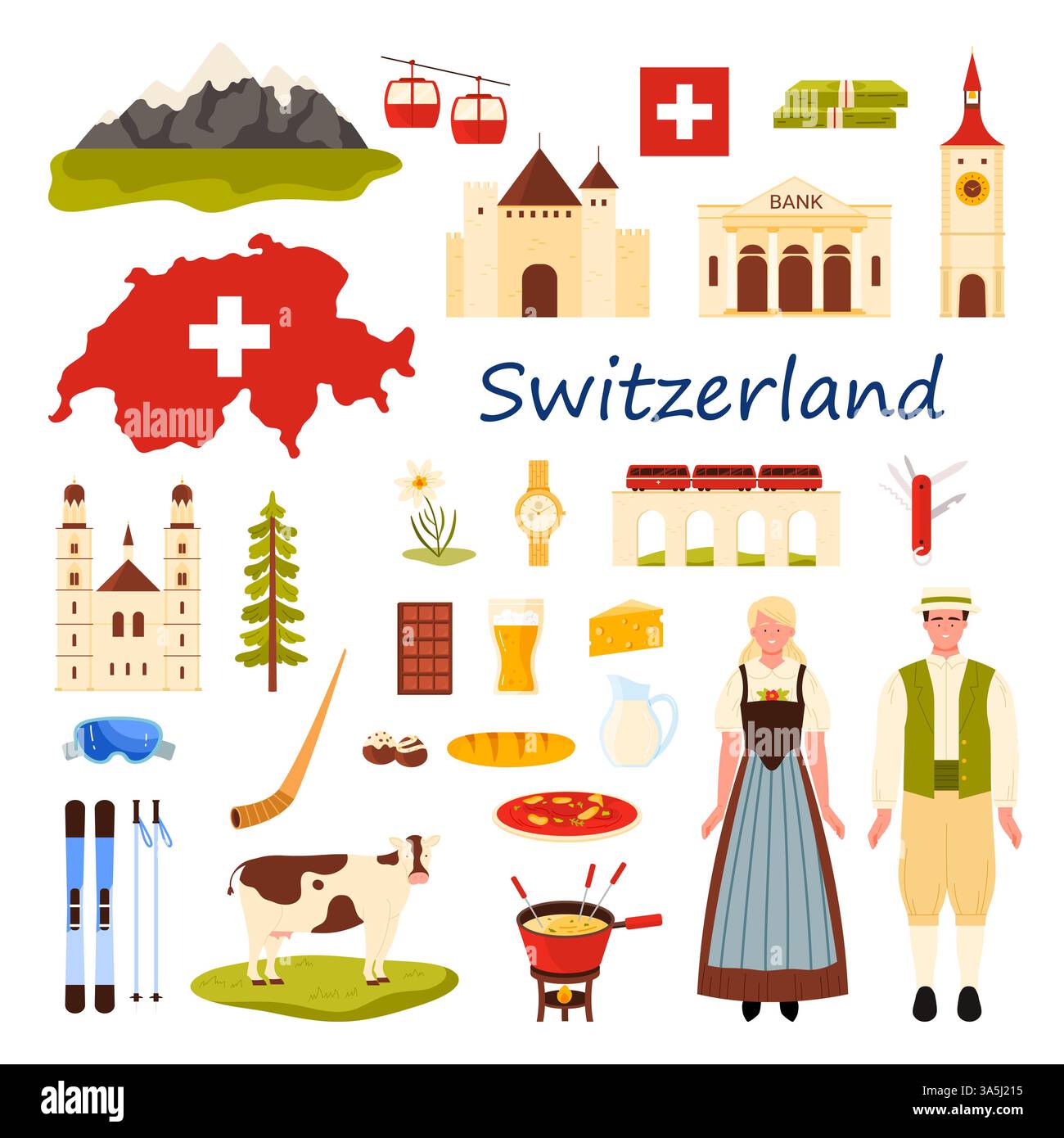 Voyage en Suisse Set. Peuple suisse en tenue nationale, architecture patrimoniale et éléments culturels, train rouge sur le viaduc et les paysages de montagne, alphorn et illustration vectorielle de dessin animé de trempage de fromage Illustration de Vecteur