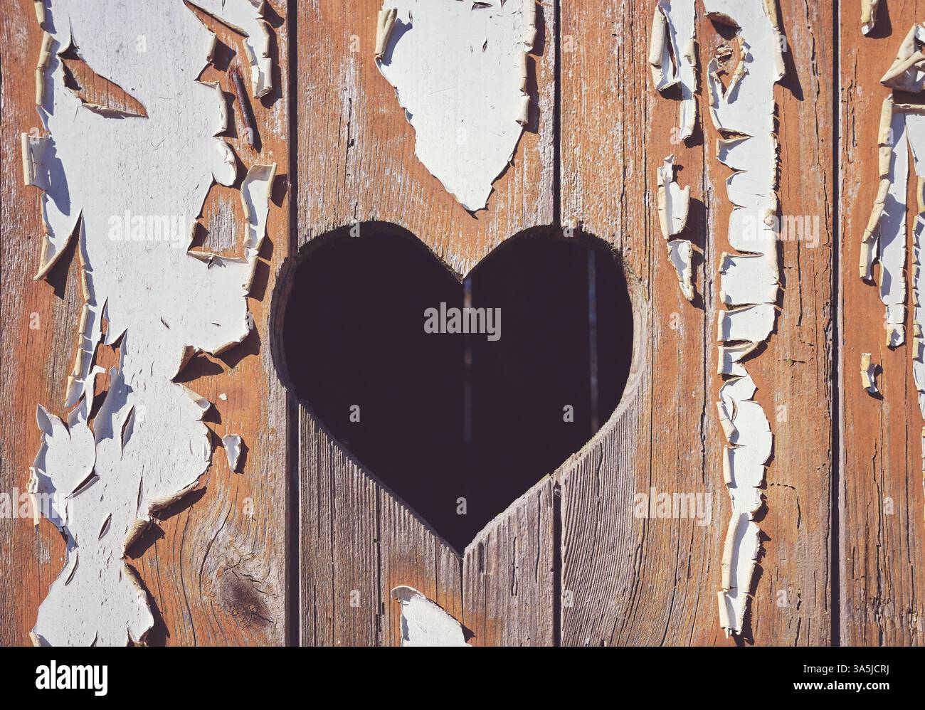 Une forme de coeur découpée dans une planche de bois avec de la peinture pelable. Banque D'Images