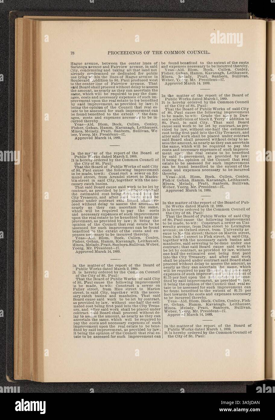 Les minutes du Conseil commun de Saint-Paul de 1889 fournissent un compte rendu détaillé des ordonnances municipales, des décisions législatives et de l'orientation politique qui ont influencé la gouvernance locale et le développement. Banque D'Images