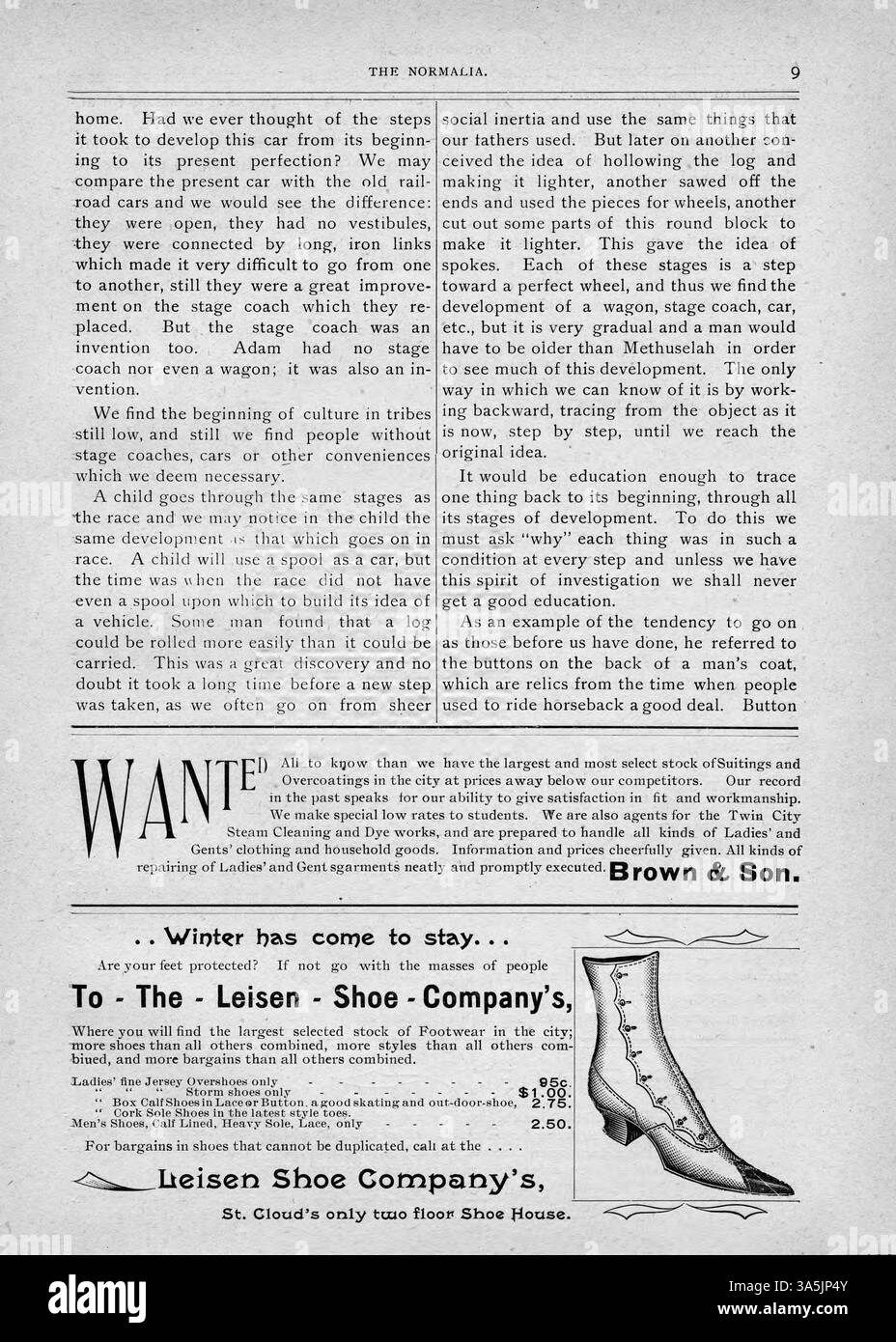 The Normalia, 1896-11 présente des articles écrits par des professeurs et des étudiants de l'Université d'État de Cloud, traitant de l'éducation publique, du développement de l'enfant et des pratiques d'enseignement éthiques basées sur la philosophie de Ruskin. Il comprend également des mises à jour sur la saison de football et d'autres événements sur le campus. Banque D'Images