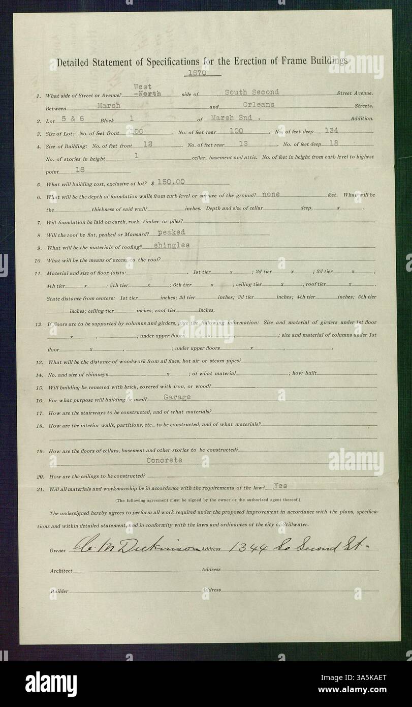 Un permis pour un nouveau bâtiment à ossature a été accordé le 25 septembre 1917, pour une propriété située à South Fourth Street, lot 22, bloc 4 de Churchill et Nelson's second, Stillwater, Minnesota. Le propriétaire était Herman J. Bleck. Banque D'Images