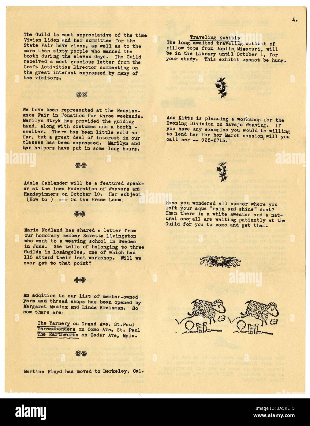 Le 20e numéro de Threadbenders, publié en septembre 1972, présentait les activités de la guilde à venir, y compris des réunions, un voyage à la filature de laine de Faribault et la Foire des arts et métiers. Il a également détaillé des ateliers sur le double tissage, la fabrication de perles, les techniques de finition et le dessin, et comprenait des occasions de bénévolat et un dépliant pour la foire artisanale de l'Anthony Park. Banque D'Images