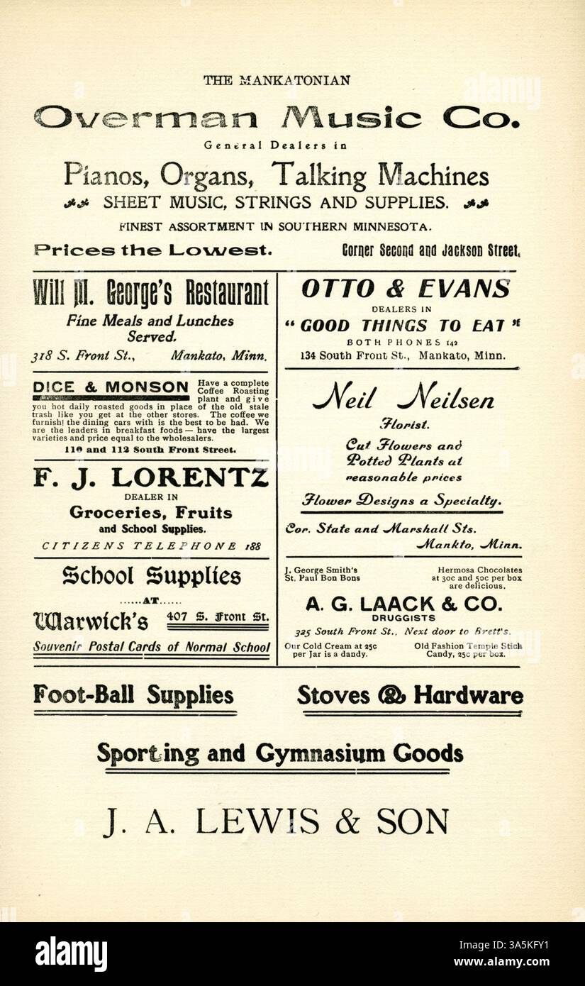 Le Mankatonian, volume 18, numéro 7, est un magazine mensuel publié par des étudiants de l'école normale d'État de Mankato, publié de 1891 à 1913. Il présentait des articles sur les activités scolaires, les événements sociaux, la poésie, les publicités, et plus encore, donner un aperçu de la vie étudiante. Le magazine a été précédé par The Student et remplacé par School Spirit, le journal scolaire. Banque D'Images