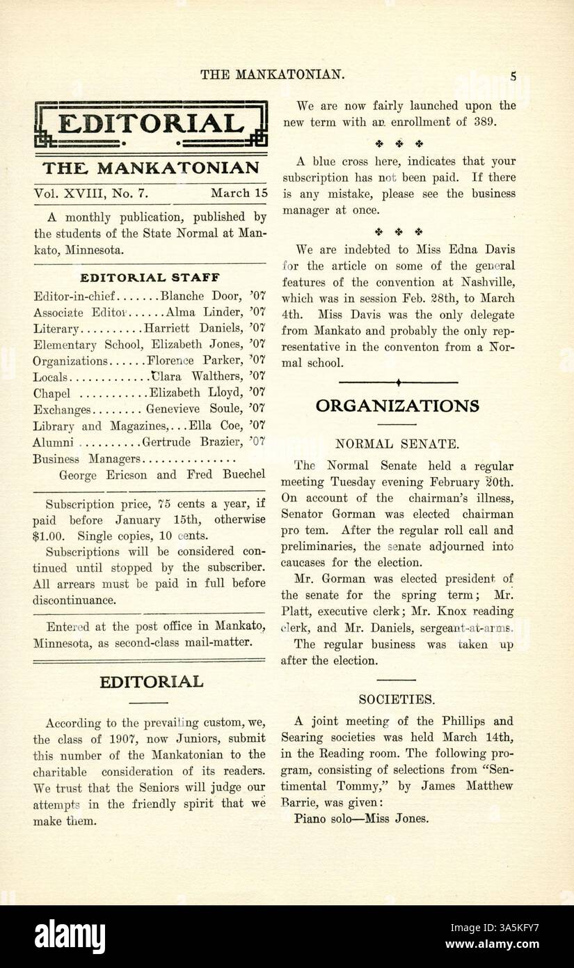 L'édition de mars 1906 de 'The Mankatonian' offre un aperçu de la vie étudiante à l'école normale d'État de Mankato. Il comprend un mélange de poésie, d'essais, de résumés d'événements et de publicités, fournissant un aperçu des expériences académiques et sociales des étudiants au début du XXe siècle. Banque D'Images