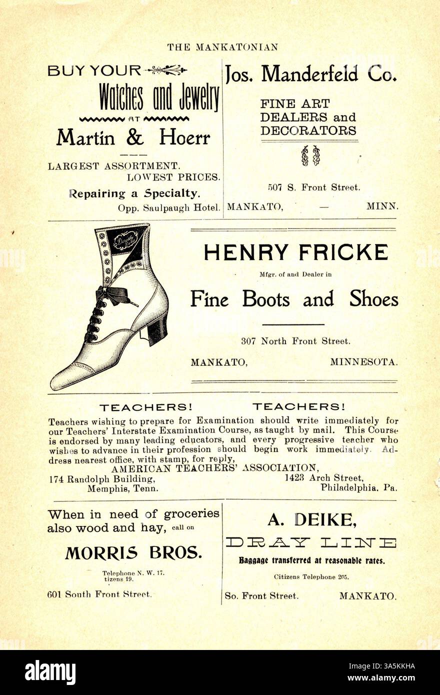 The Mankatonian, une publication mensuelle pour étudiants datant de 1891-1913 à la Mankato State normal School, met en lumière les activités scolaires, la poésie, les événements sociaux et les publicités commerciales locales, offrant un aperçu de la vie étudiante au début du XXe siècle dans le Minnesota. Banque D'Images