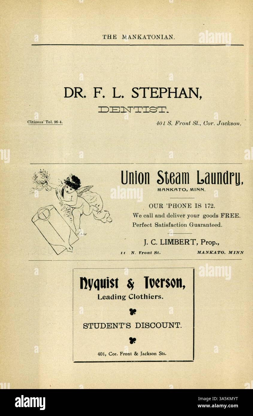 Le Mankatonian est une publication mensuelle pour étudiants à l'Université d'État du Minnesota, Mankato, de 1891 à 1913. Le numéro d'avril 1902 offre une vue d'ensemble de la vie étudiante, y compris les sports, les activités sociales, la poésie et les publicités commerciales de la communauté locale. Banque D'Images