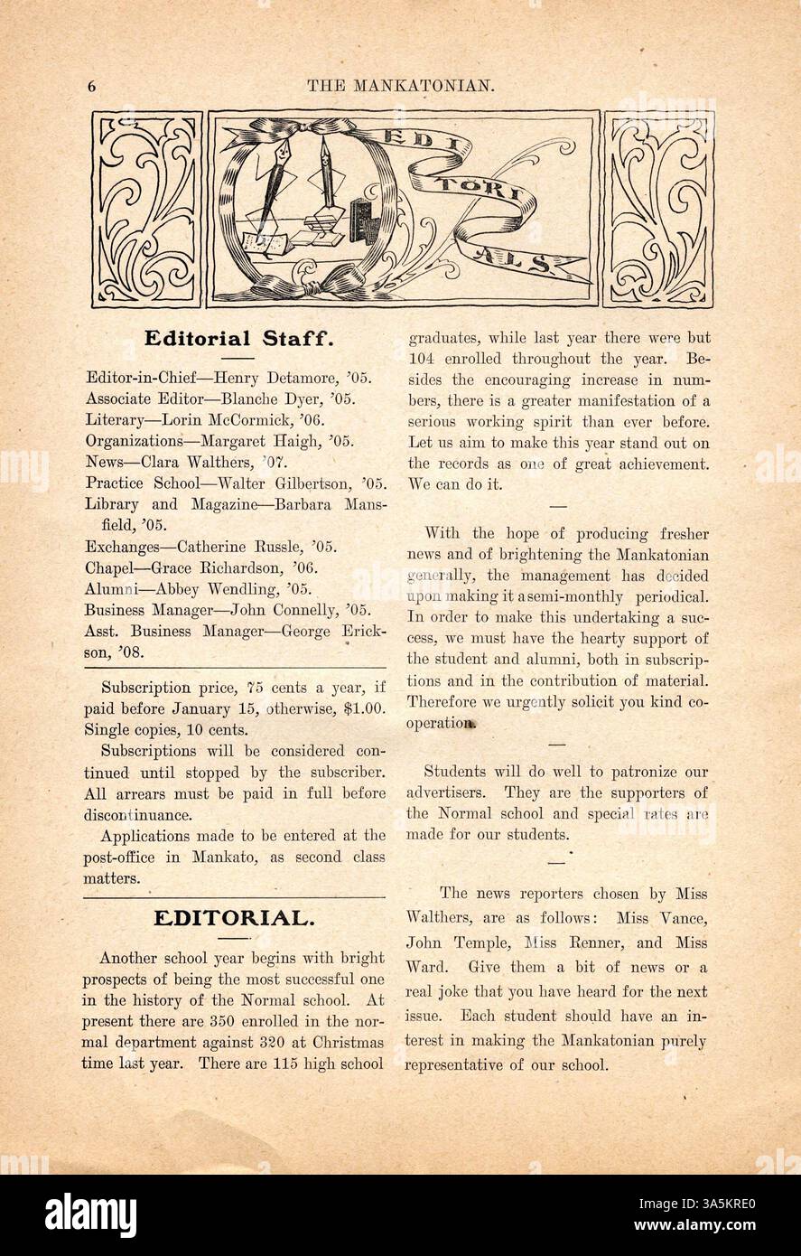 Le Mankatonian, volume 17, numéro 1, publié en septembre 1904, présentait des résumés d'activités scolaires, des poèmes étudiants, des articles, des événements sociaux et des publicités commerciales locales. Le magazine était une publication mensuelle à la Mankato State normal School de 1891 à 1913, donnant un aperçu de la vie étudiante et de la culture académique. Banque D'Images