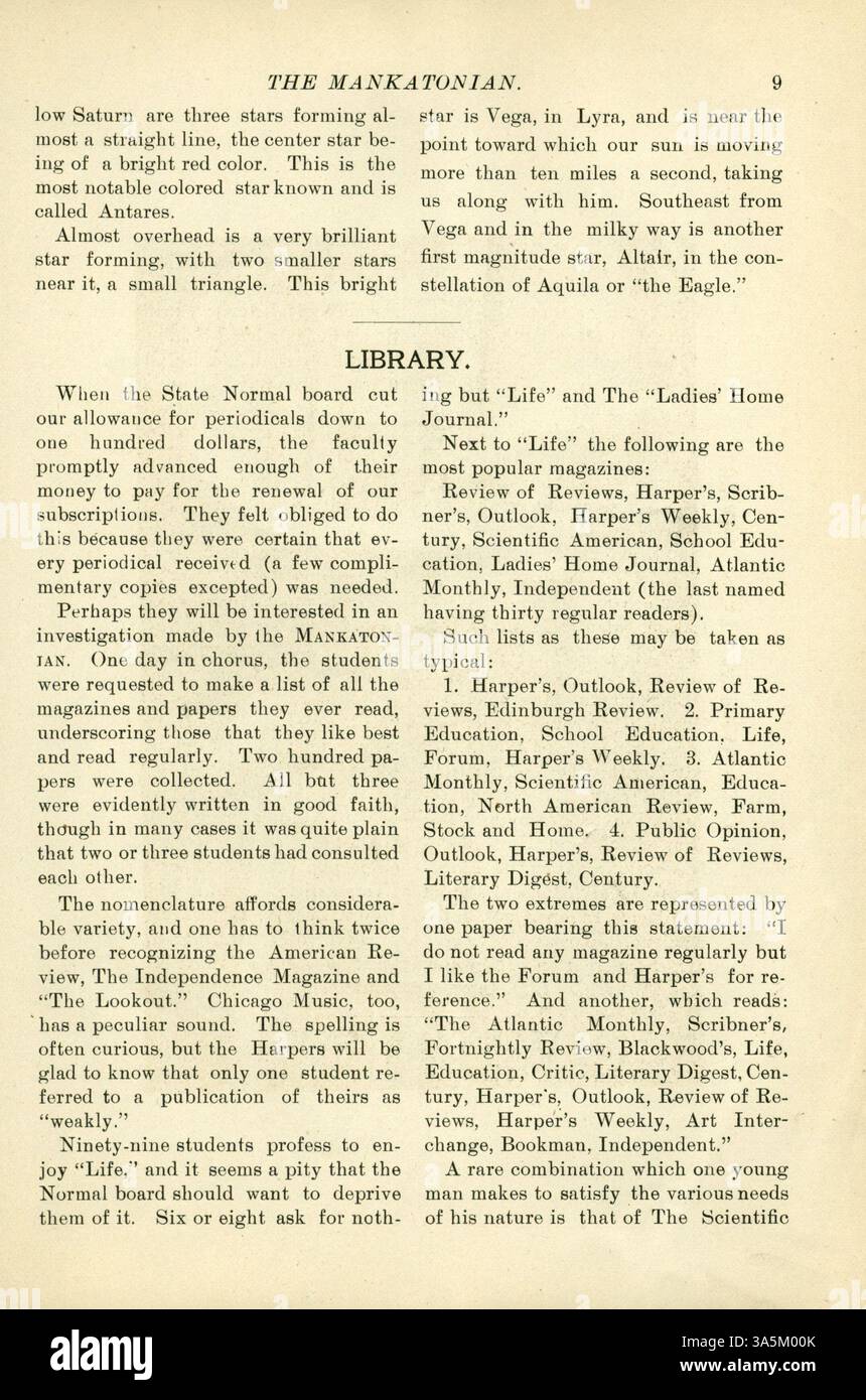 Le Mankatonian était une publication mensuelle pour étudiants à l'école normale d'État de Mankato de 1891 à 1913, comprenant des articles sur l'école, de la poésie, des activités étudiantes et des publicités locales. Banque D'Images