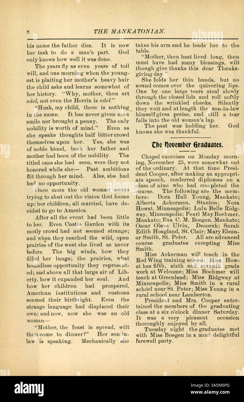 Le magazine Mankatonian de Mankato State normal School, publié mensuellement de 1891 à 1913, présentait du contenu généré par les étudiants sur des sujets tels que les universitaires, les clubs scolaires, les événements locaux, la poésie et les activités sociales, avec des publicités. Banque D'Images