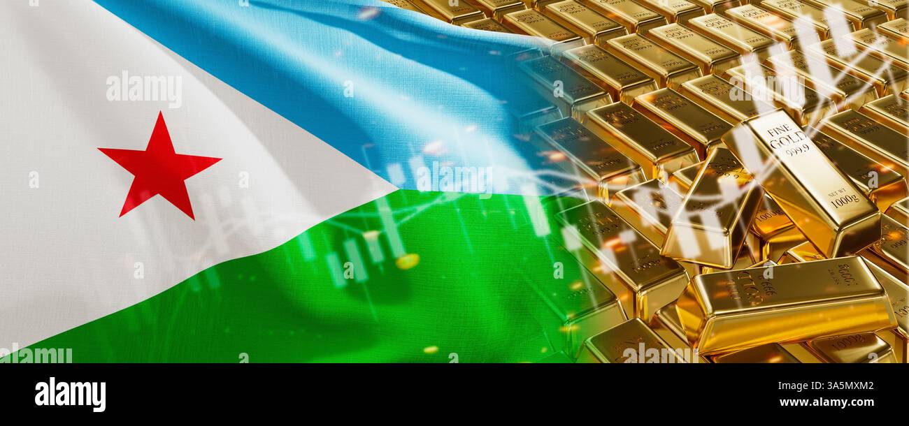 Lingots d'or avec drapeau Djibouti. Cartographier simplement les stocks de métaux précieux. Système national d'économie bancaire de réserve de change. Réserve dorée. image 3d. Banque D'Images