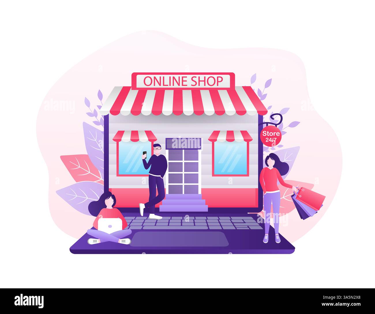 Line shopping People, grand design pour toutes les fins. Vecteur d'icône d'ordinateur portable. Illustration vectorielle plate de dessin animé. Concept de téléphone de livraison en ligne. Illustration de Vecteur