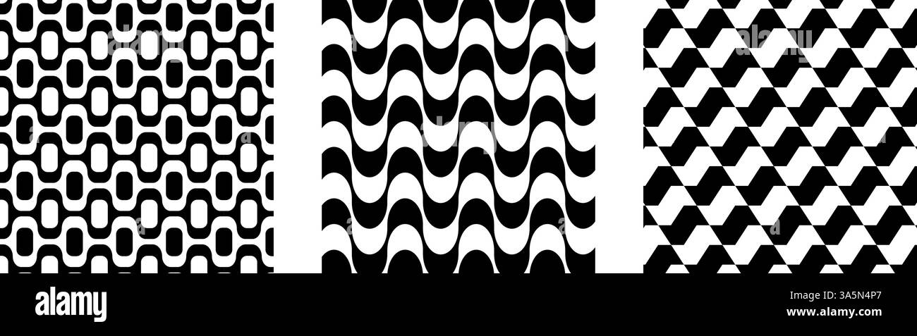 Échantillons de patrons de promenade d'Ipanema, Copacabana et Sao Paulo. Exemples de promenade de plage brésilienne. Textures répétées d'ondes noires et blanches dans le style portugais de chaussée. Illustration graphique vectorielle. Illustration de Vecteur